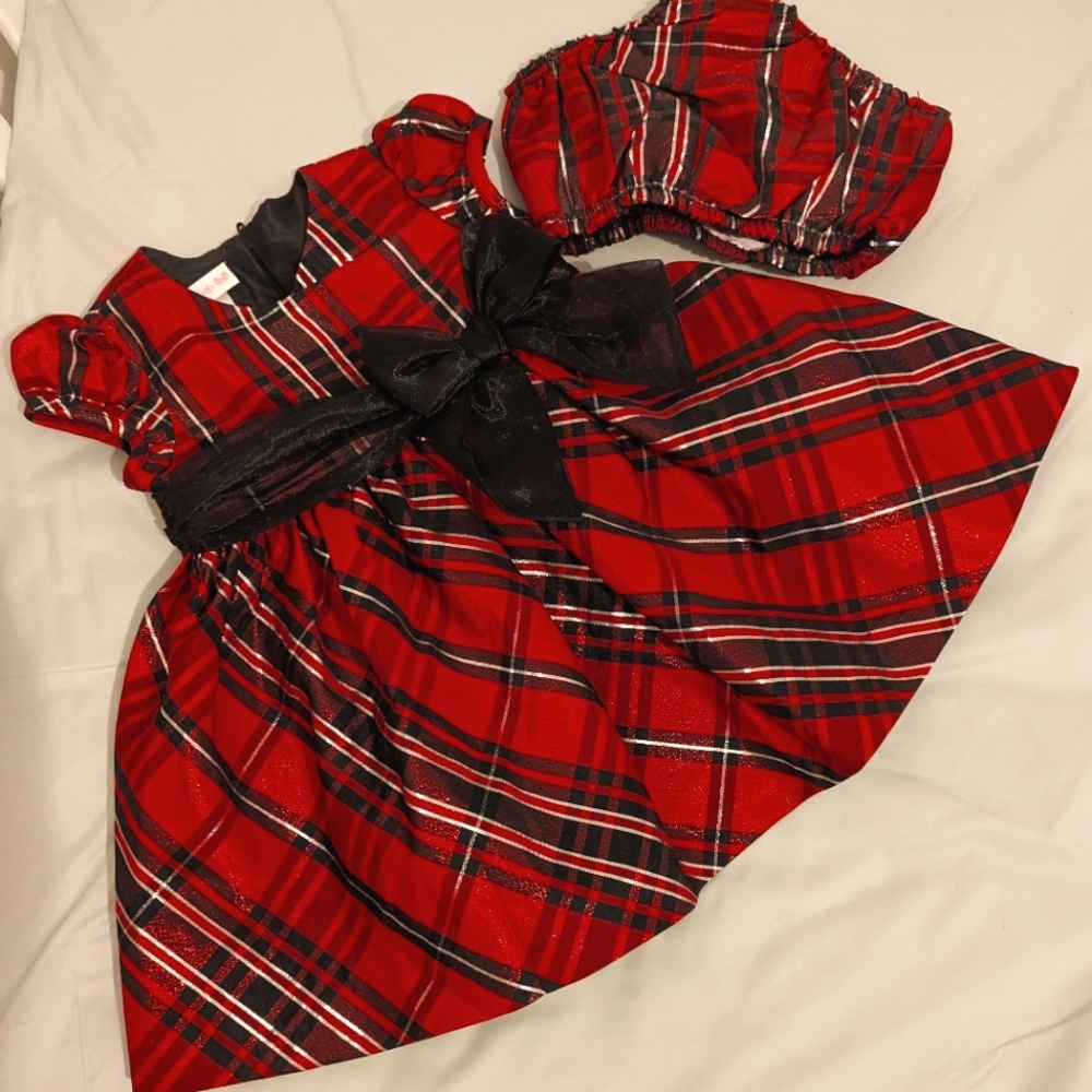 Holiday red, black and silver taffeta dress
